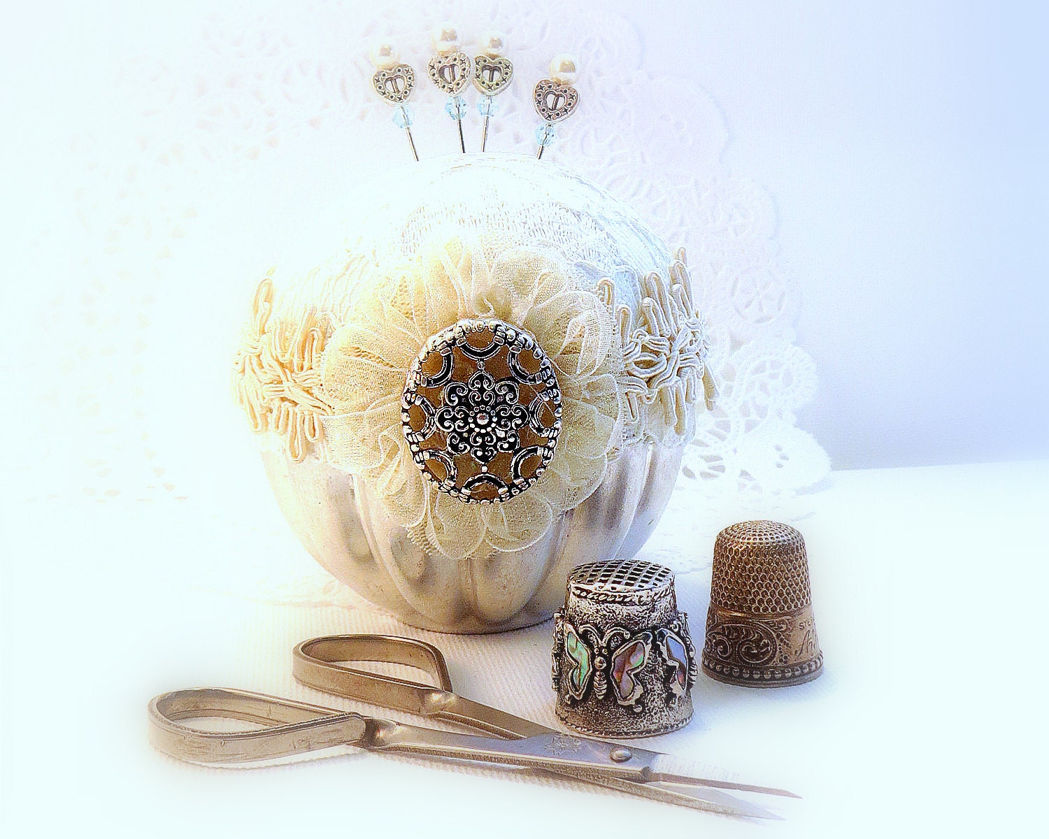 Pincushion needlecraft vintage Jello mold Victorian ivory lace silver filigree Mothers Day shabby cottage chic decorative straight pins TAGT