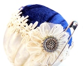 Pincushion needlecraft vintage Mothers Day Jello mold Victorian cobalt royal blue decorative straight pins tagt sewing craft room