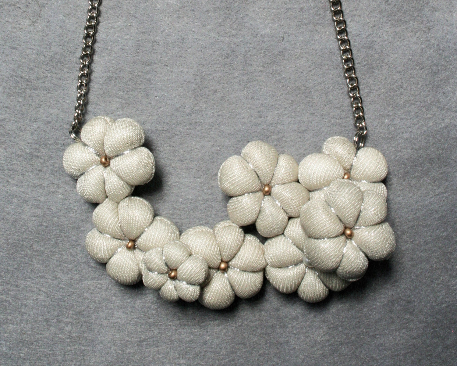 PRIMAVERA- textile/fabric statement flowers necklace in ivory with silver sheen, femenine, hand sewn soft sculpture
