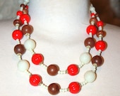 Vintage 19'' Mid Century Carved Lucite and Wood Beaded Necklace Red White and Brown