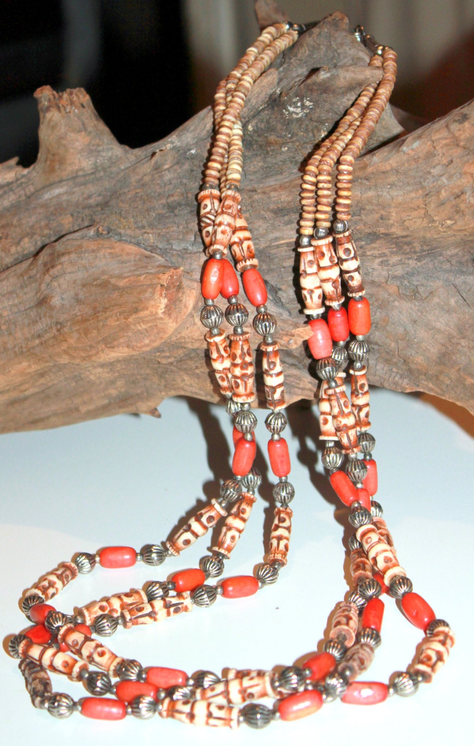 Vintage 35'' Coral and Ox Bone and Silver Tribal Boho Necklace Native American