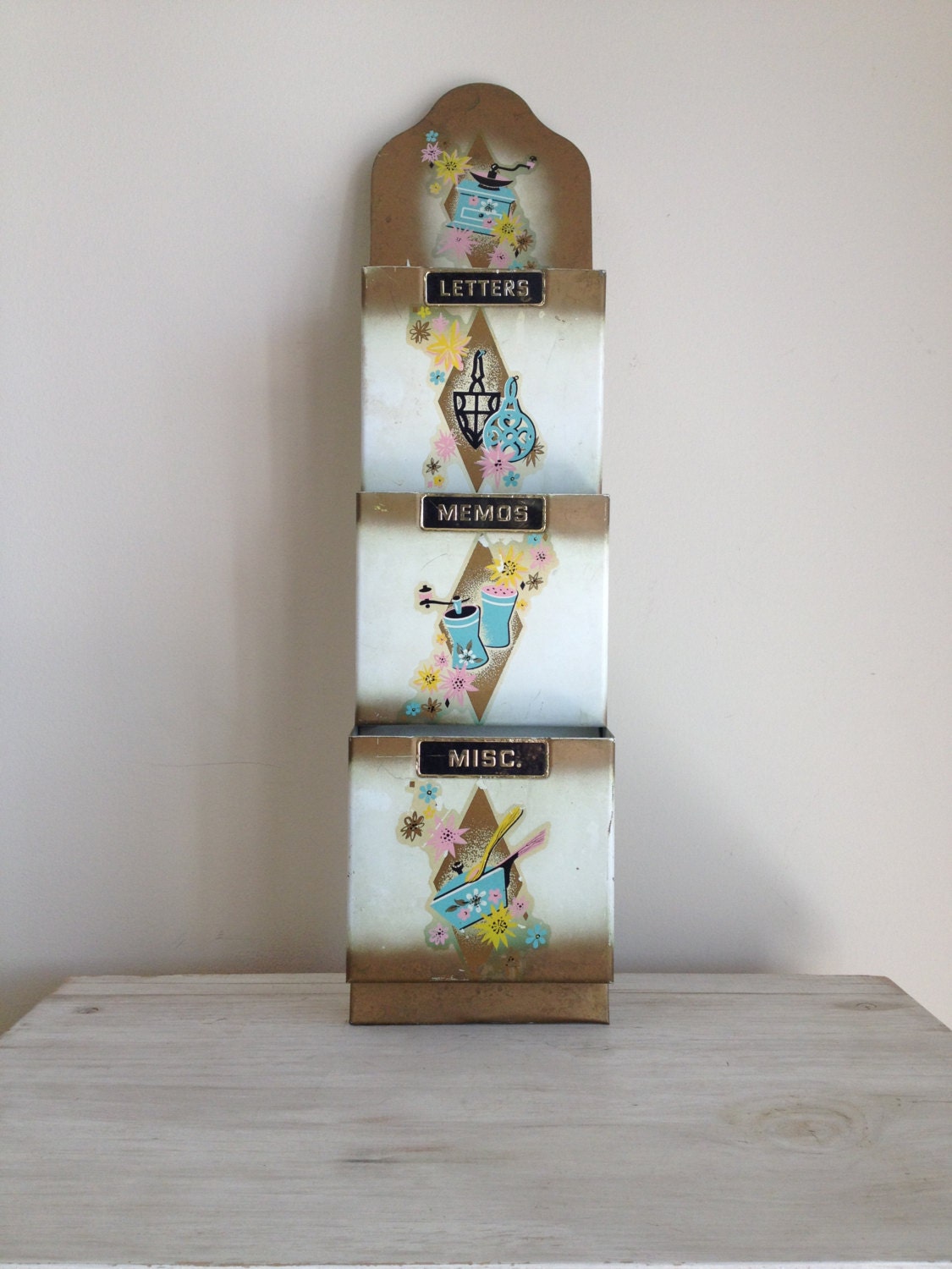 Vintage metal letter organizer / vintage mail organizer / mail caddy home decor / Kitchen decor
