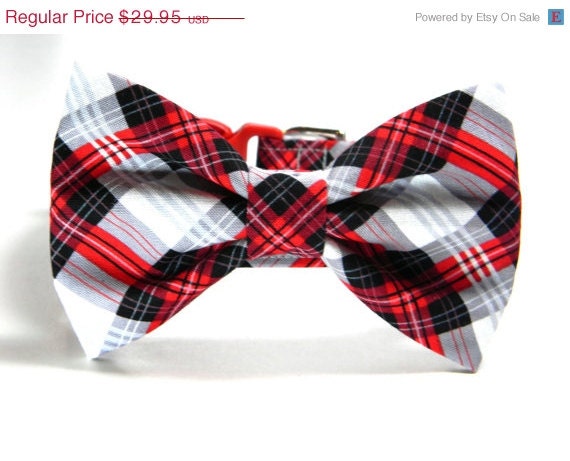 ON SALE Bow Tie Dog Collar: Scottie Plaid... Red, Black, Gray, and White Plaid, Pet Collar, Grey