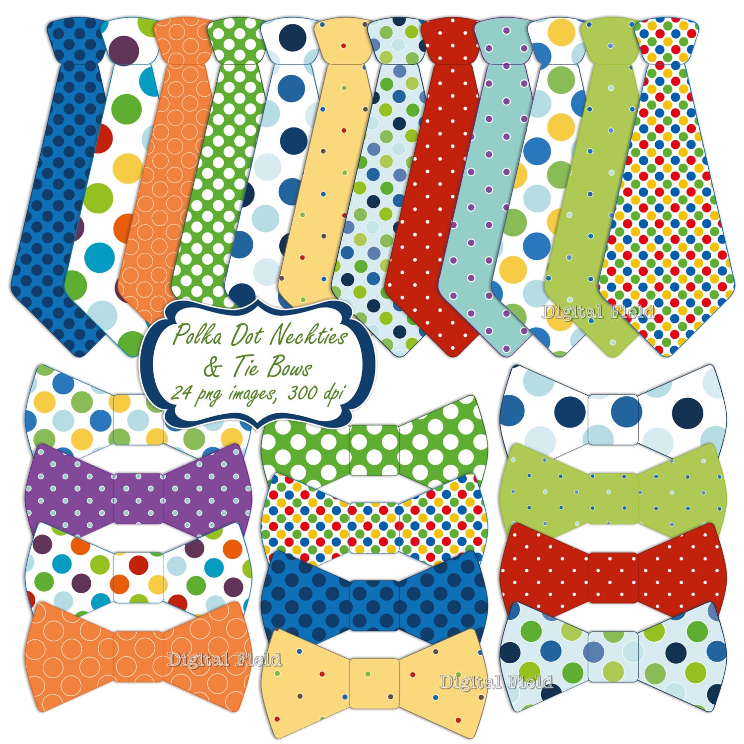 INSTANT DOWNLOAD Polka Dot Necktie and Tie Bow clip art set - colorful printable digital clipart