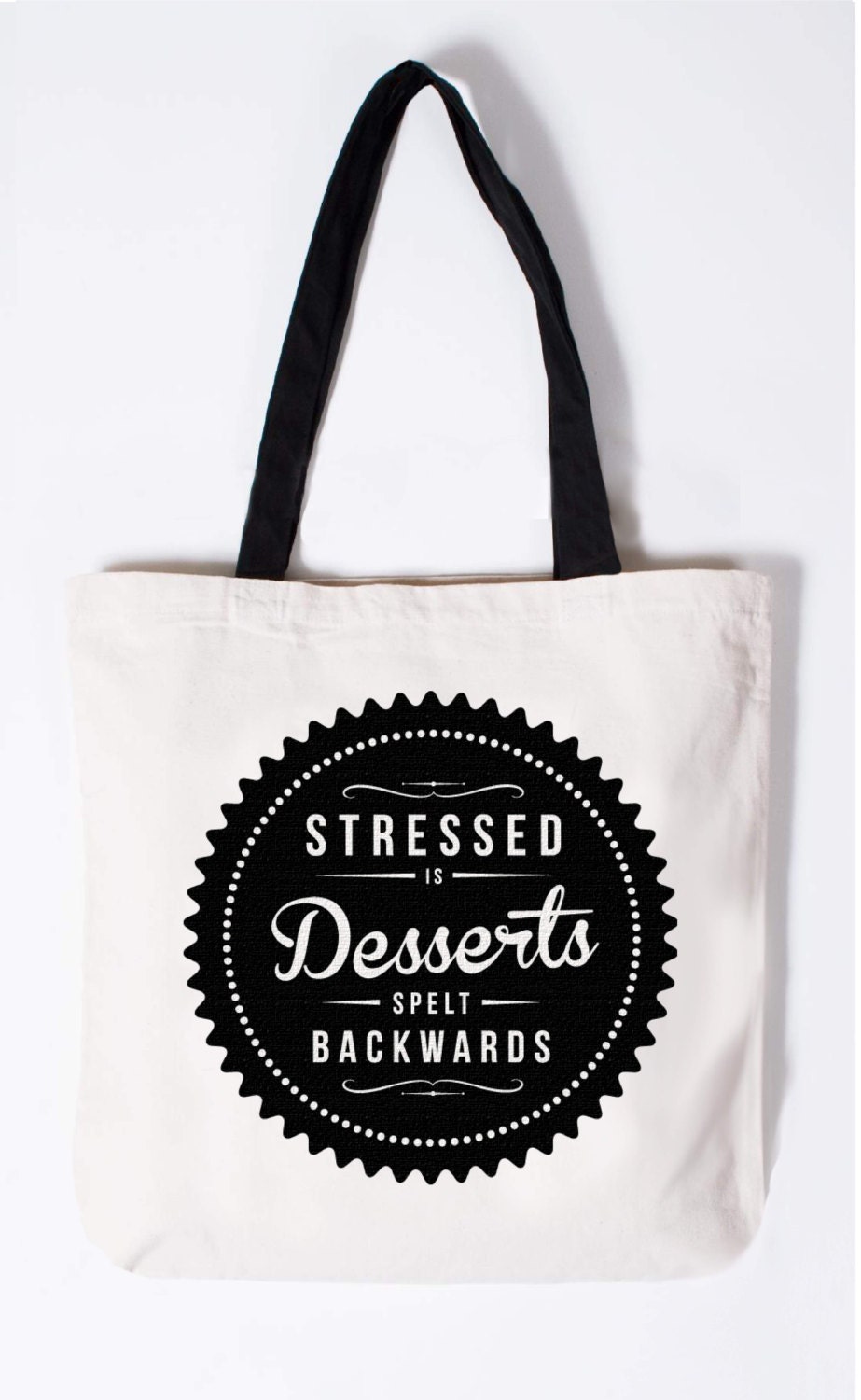 Stressed Is Desserts Spelt Backwards - Deluxe Heavyweight Canvas Shopper Tote Bag - Gym Shopping Beach Bag - Black Long Handles Organic UK