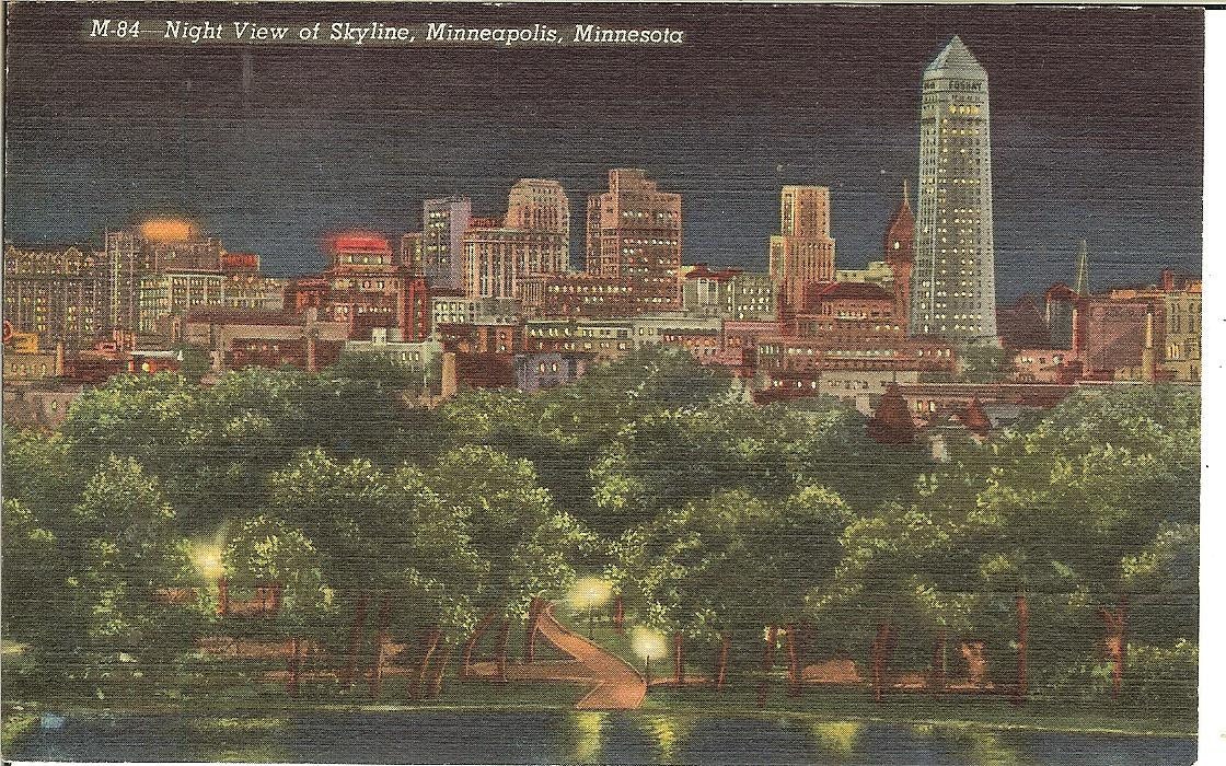 Vintage Night View Skyline Minneapolis Minn. Postcard