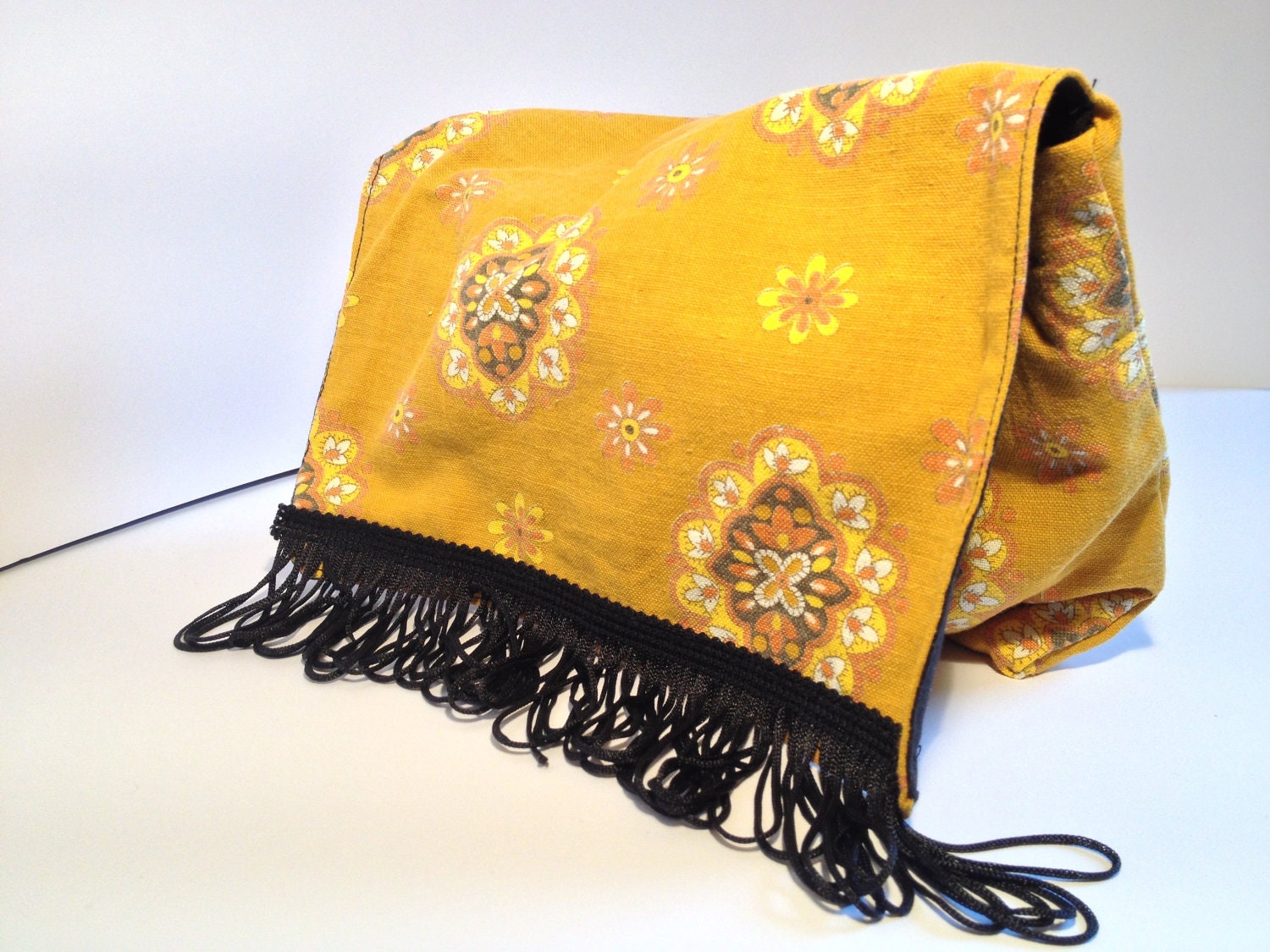 Retro Mustard make up bag, black fringe paisley