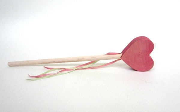 Wooden Toy Wand - Heart and Silk Ribbon Wand-  Waldorf Valentine's Day