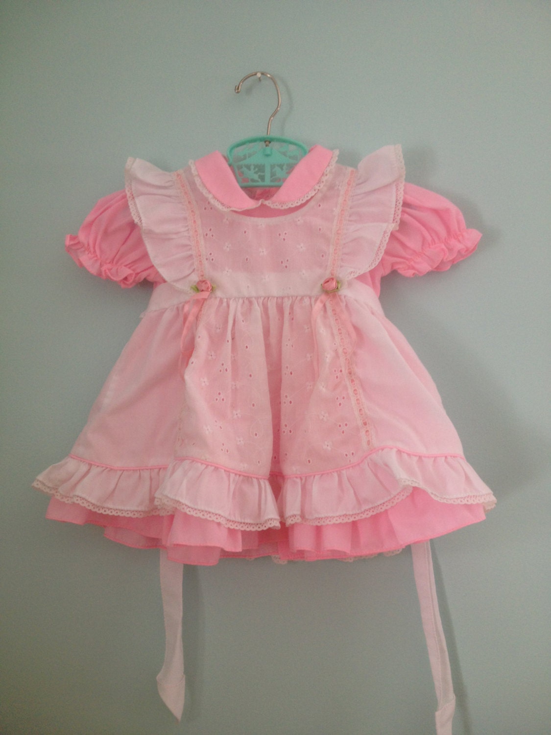 Vintage Pink Pinafore Dress with Lace Roses Eyelet Two Pieces 18mo.