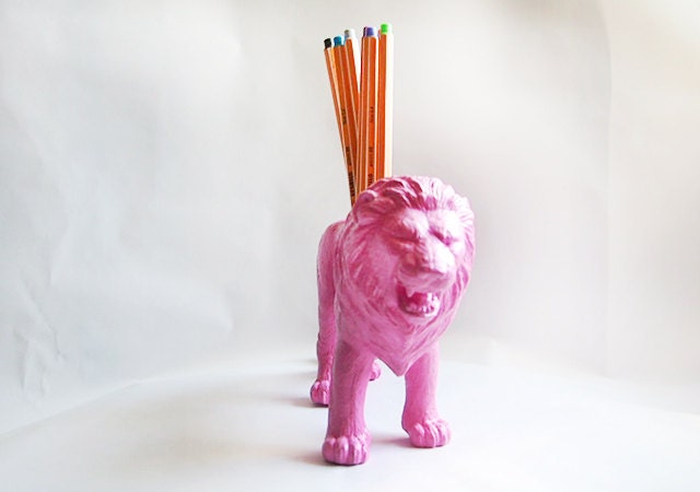 Light Pink Jumbo Lion Toy Animal Pencil Holder // Unique gift idea
