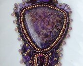 Bead embroidered necklace Marie-France with purple variscite amethyst cristal embroidery Mothers day Seed Bead Jewelry