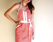 Red Geometric Apron - southwest gray white square pattern retro adjustable cotton hostess apron with ruffles, pocket