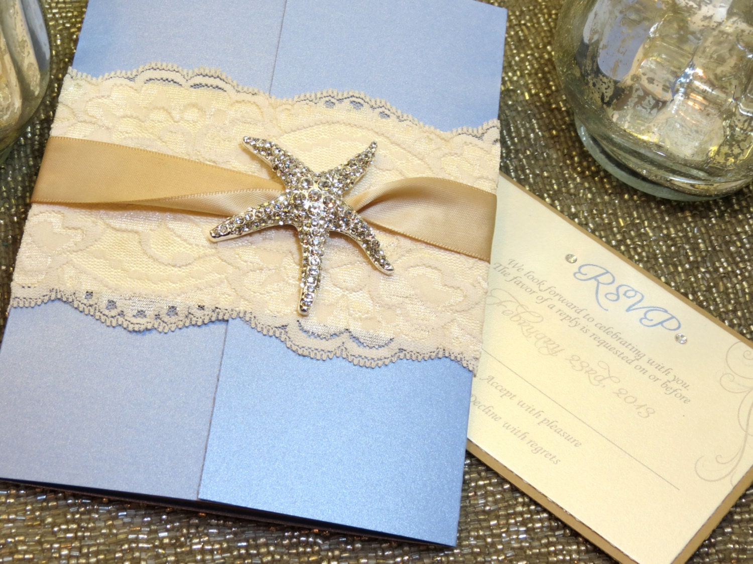 SANDY Beach Wedding Invitation - Powder Blue and Ivory Destination Wedding - Lace Starfish