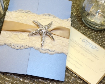 SANDY Beach Wedding Invitation - Powder Blue and Ivory Destination Wedding - Lace Starfish