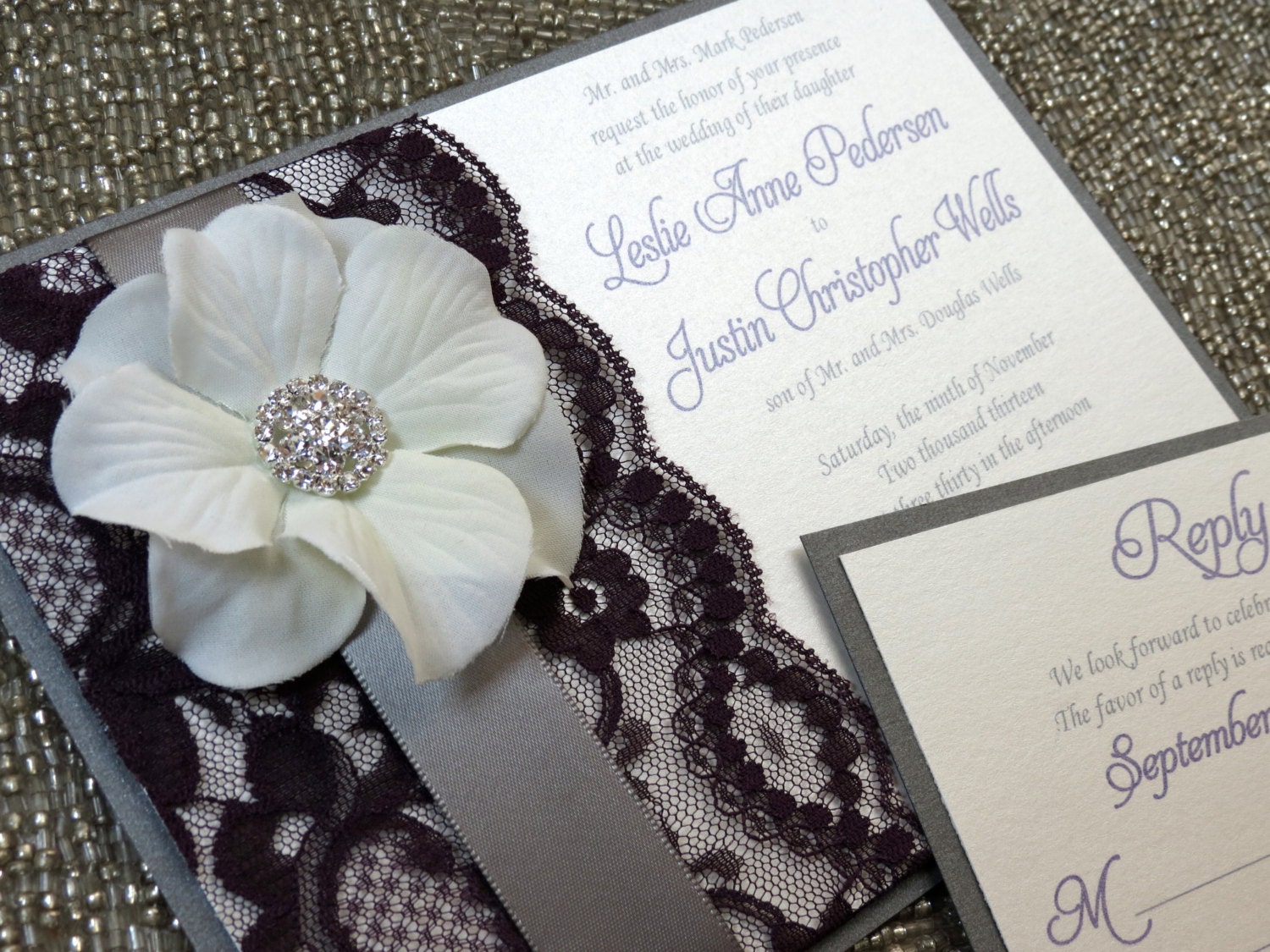 LESLIE - Eggplant Vintage Lace Wedding Invitation - Customizable
