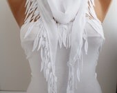 White Cotton Scarf- Shawl Headband -Cowl with Lace Edge