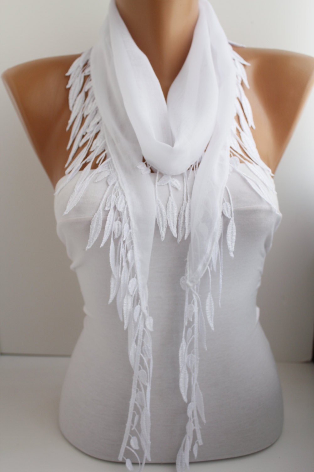 White Cotton Scarf- Shawl Headband -Cowl with Lace Edge