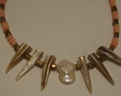 Pearl Satement Necklace- Stunning Fresh Water Pearl, Mother of Pearl and Pink Coral Paired with Gorgeous Brass Nuggets"Aphrodite's Bliss"