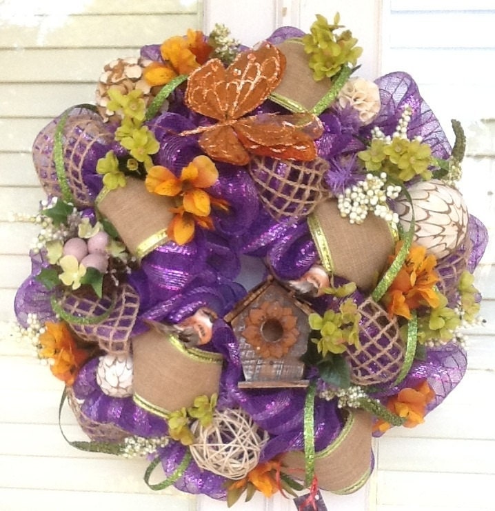 Purple on Purple Deco Mesh Birdhouse Wreath