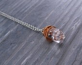 Herkimer Diamond Necklace, Copper Wire-Wrapped Quartz Diamond & Steel Chain