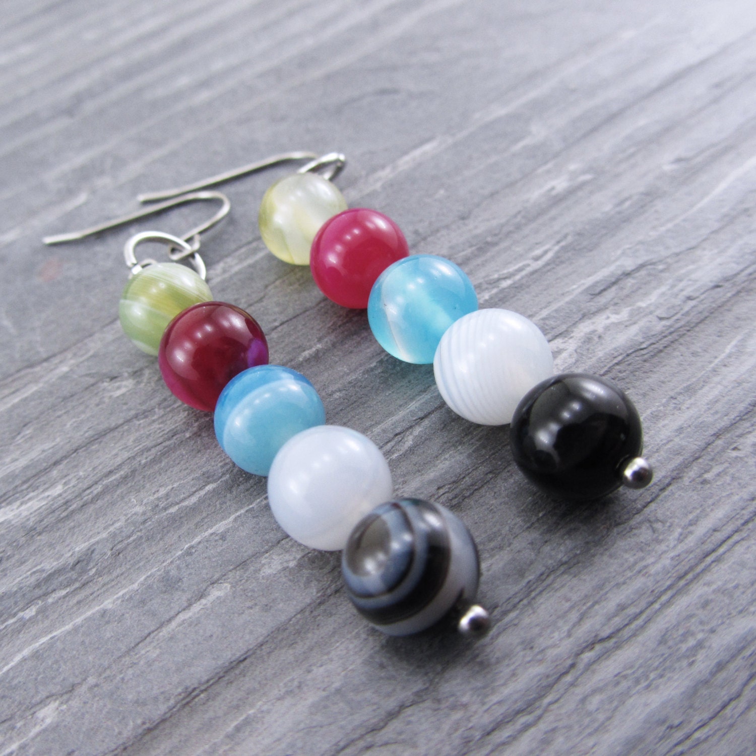 Color Block Earrings, Multi-Colored Agate & Steel Components