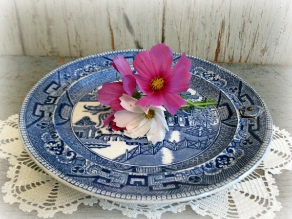 SALE / unique ridgway blue willow warming plate dish / early 1900's / EPSTeam