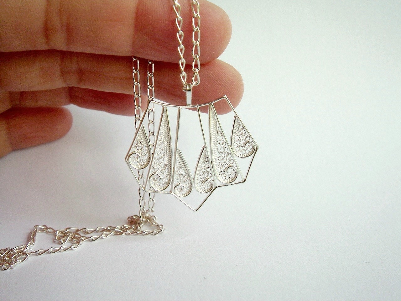 Silver Geometric Necklace. Lace Silver Pendant. Minimalist Filigree Necklace.