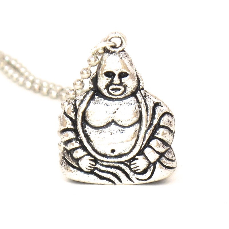 Silver Buddha Necklace, Sitting Buddha Pendant Hangs from Ball Chain, Chinese Buddha, Laughing Buddha, Buddha, Buddha Jewelry