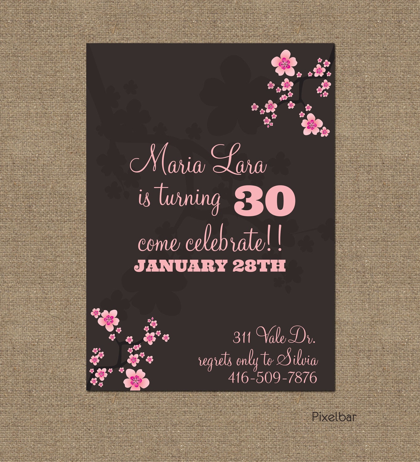 DIY Printable Birthday Invitation Floral Pink and Brown Cherry Blossoms No.15 - Adult