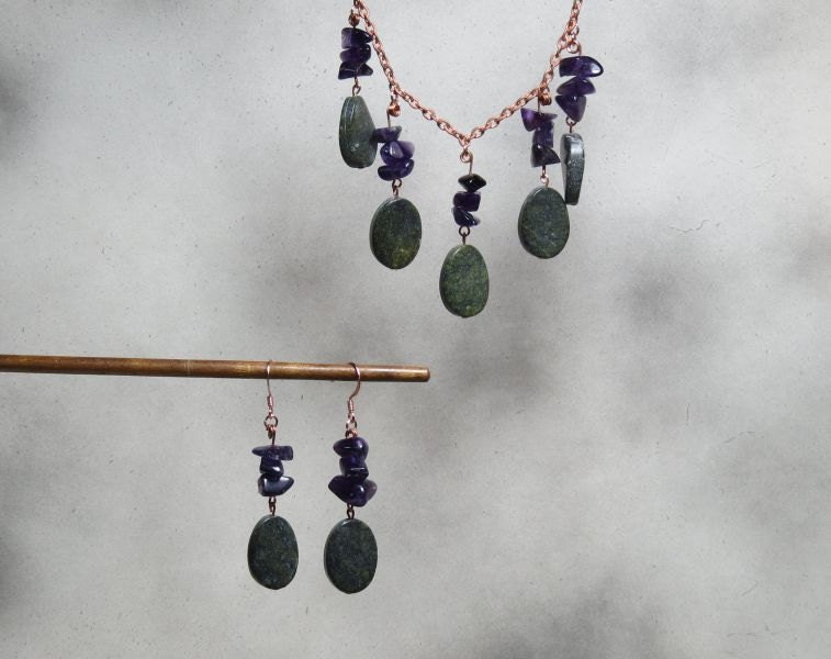 Amethyst Forest necklace and earring set. Amethyst and serpentine on copper. SET-003