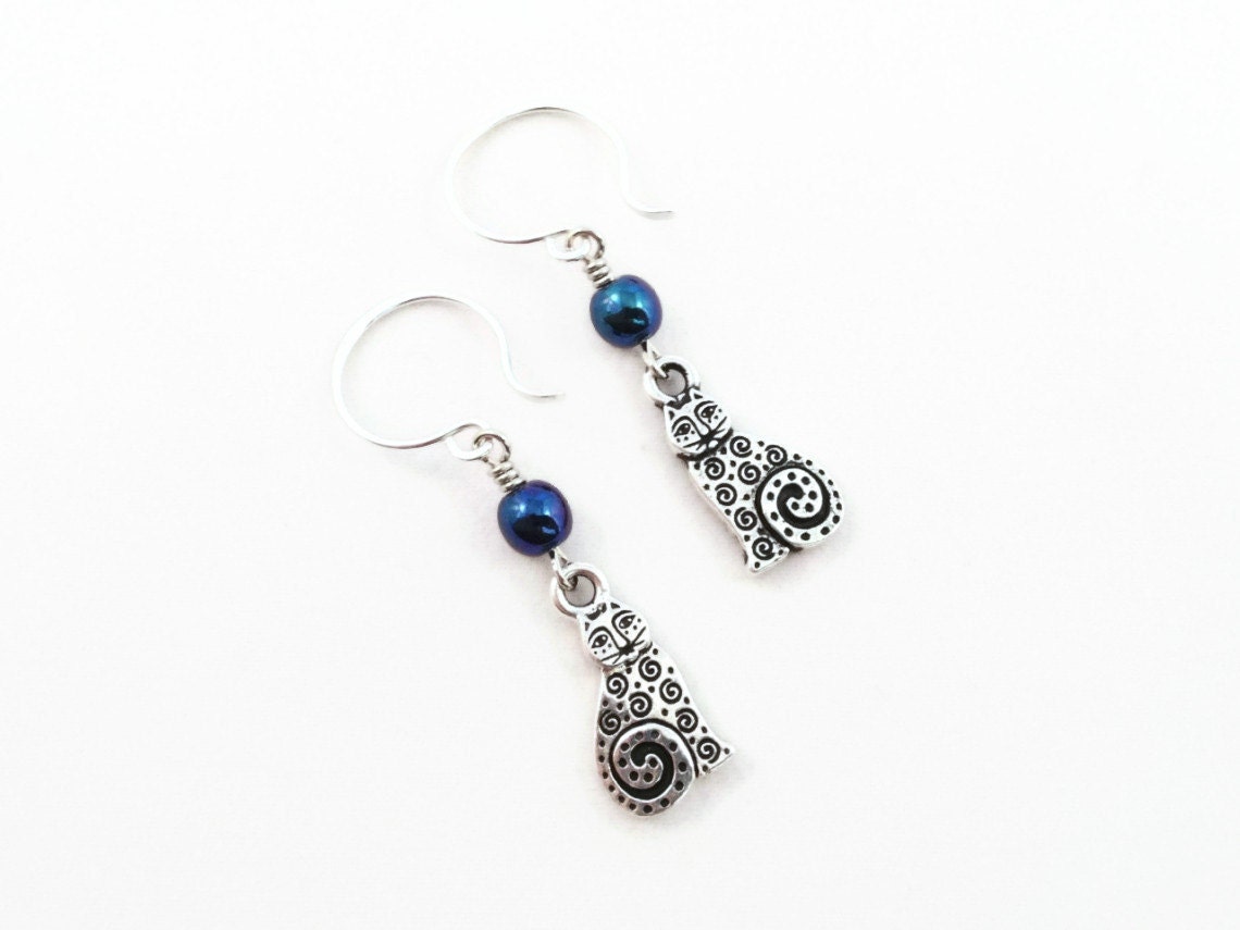 Cat Earrings, Blue & Silver