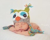 Crochet Owl Hat - Celadon green, gray, orange and teal - Photography Prop - 15 inch size  - 6 month size - Made to order two days