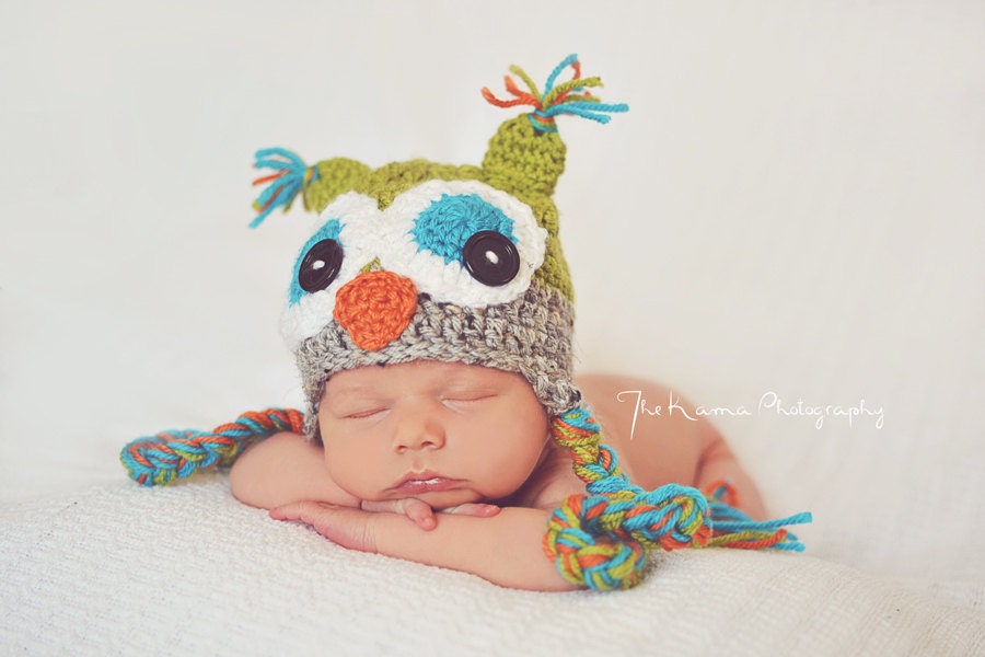 Crochet Owl Hat - Celadon green, gray, orange and teal - Photography Prop - 15 inch size - 6 month size - Made to order two days