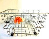 Vintage set of TWO wire desk organizer trays baskets Mid Century industrial metal paper bins desk storage In Out trays baskets