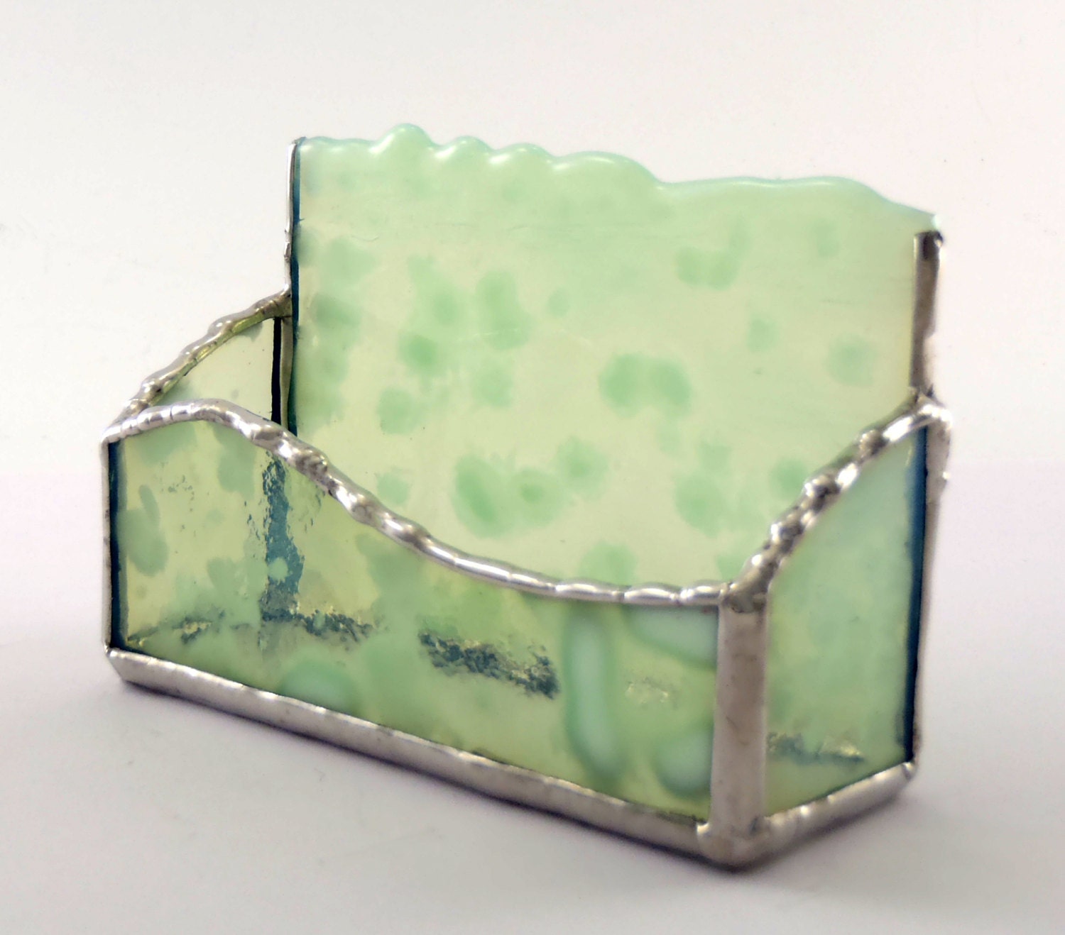 Green Desktop Business Card Holder Stained Glass OOAK