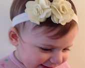 Silky Cream Foldover Elastic Headband with cream felt flowers. Infant Toddler Sizes. Baby Headband.