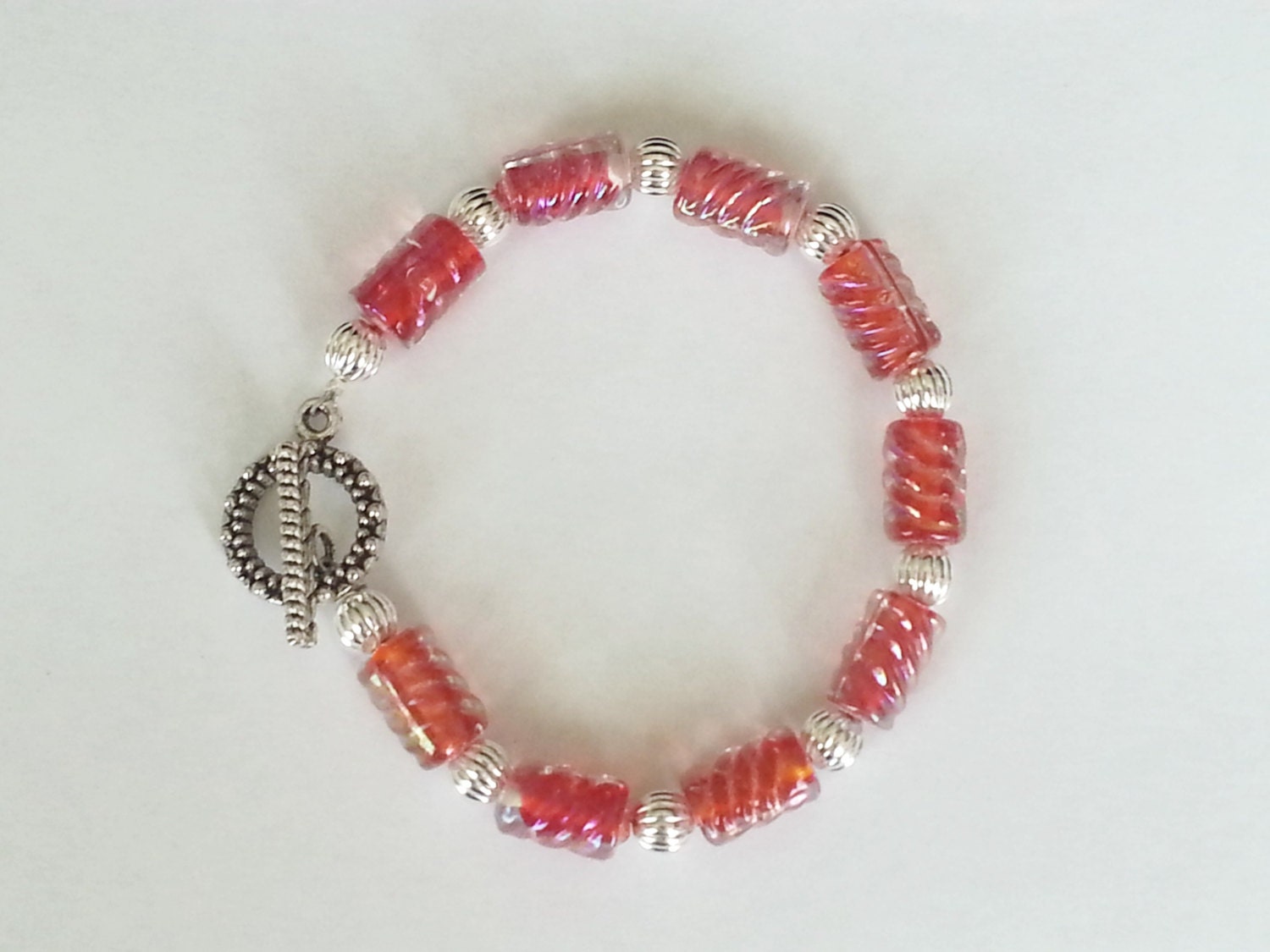 Red Luster Glass and Silver Beaded Bracelet