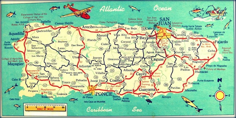 map PUERTO RICO art photo print 10x20 teal red yellow art vintage San Juan1960's Ponce Arecibo Caribbean Ocean sea beach house decor retro