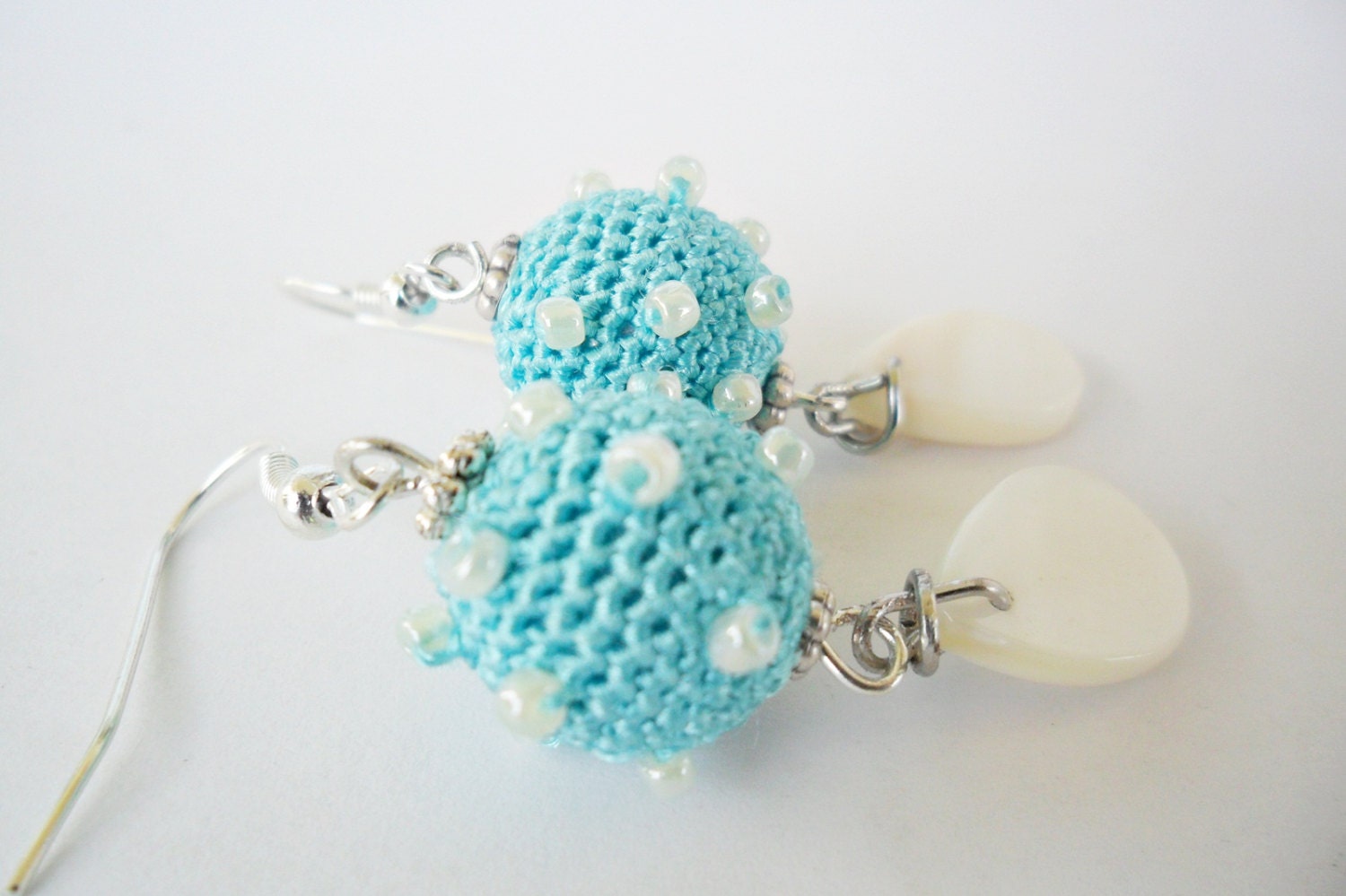 Free shipping -  Blue Crocheted Bead Earrings