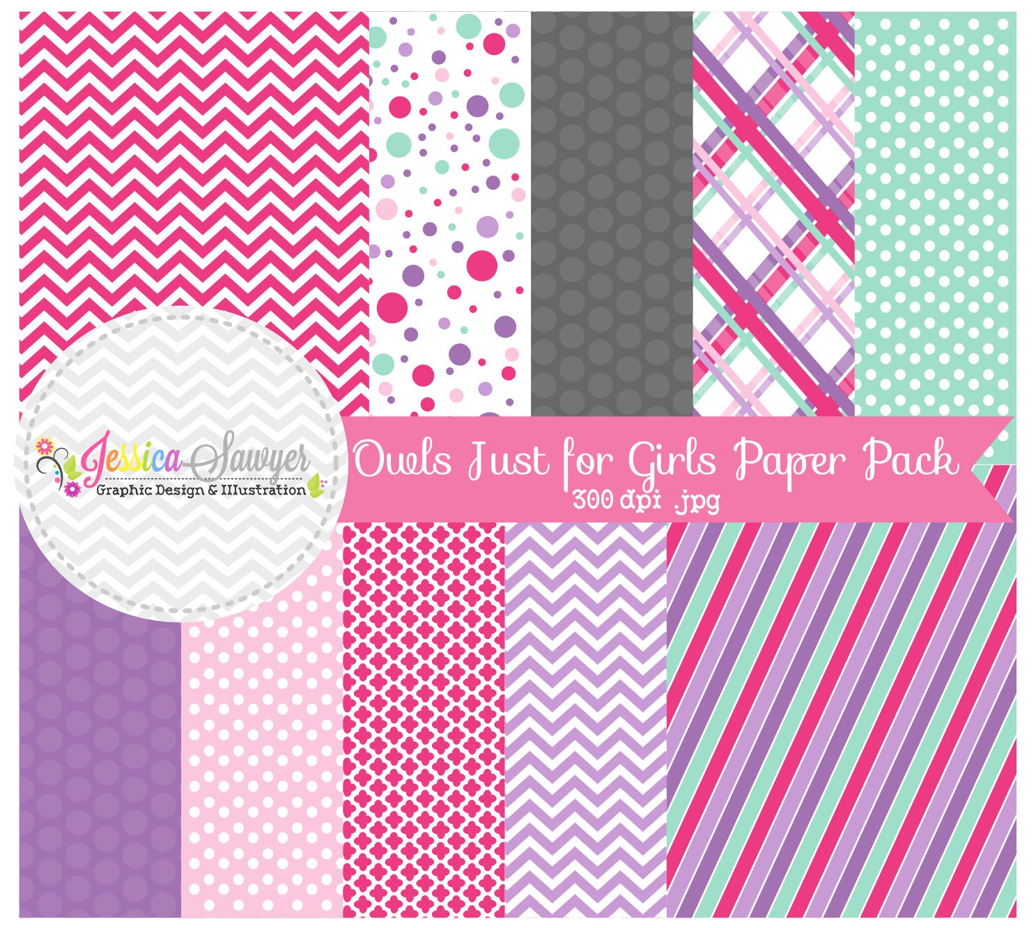 INSTANT DOWNLOAD cute girl owl digital paper, pink and purple, printable background, commercial use, nvites, scrapbooking, etsy shop sets Il_570xn
