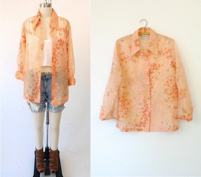 Vintage 60's Alfred Shaheen butterfly shirt / floral print sheer Spring light pastel / oversized XL extra large