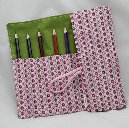 SALE - reduced from 16 - Pencil roll case - pink and green