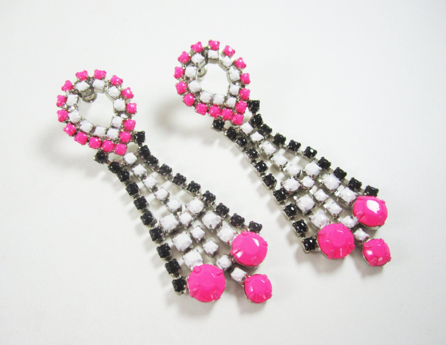 One Of A Kind - Vintage 1950s Hand Painted Neon Pink Black and White Rhinestone Earrings - by Love Obsessed