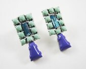 One Of A Kind - Vintage 1950s Hand Painted Purple & Mint Green Hand Painted Rhinestone Earrings - by Love Obsessed