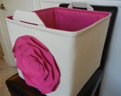 Ex Large Toy Basket 13"x14"x13"(choose BASKET & LINING color)-Baby Gift-Fabric Organizer Storage Bin-"Pink ROSE on Natural/Cream"