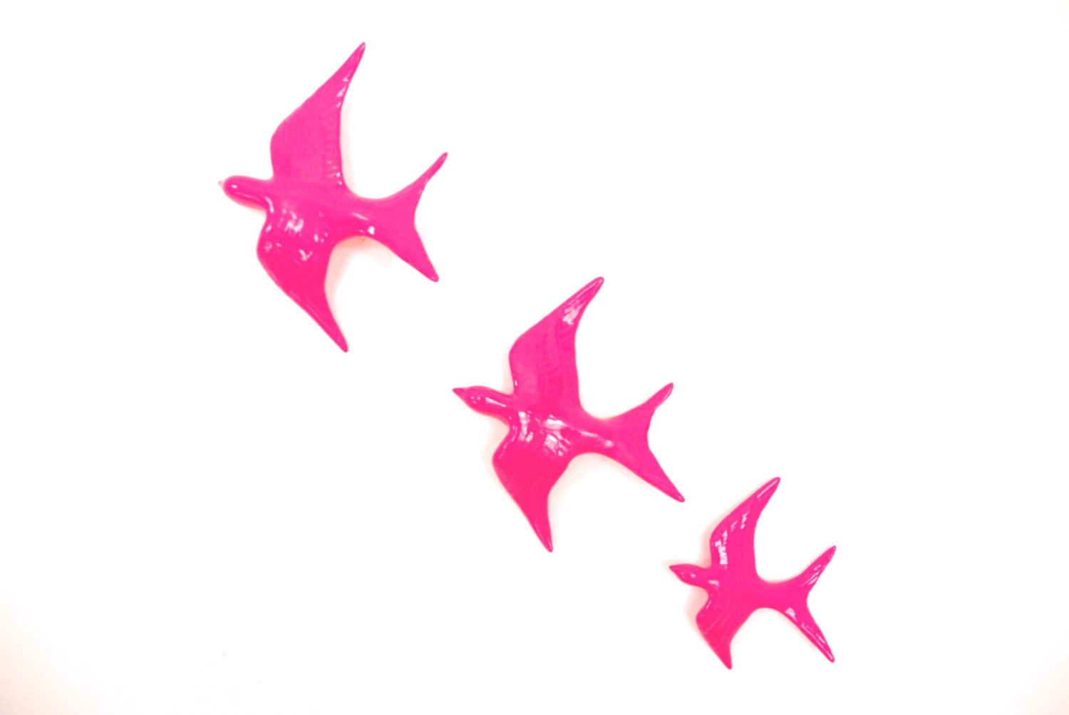 Neon Pink Flying Swallows set of three vintage ceramic wall decor painted modern