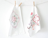 Vintage Embroidery Cloths - Bright Florals on Bright White Cotton, Summer Craft Projects, Vintage Summer Whites