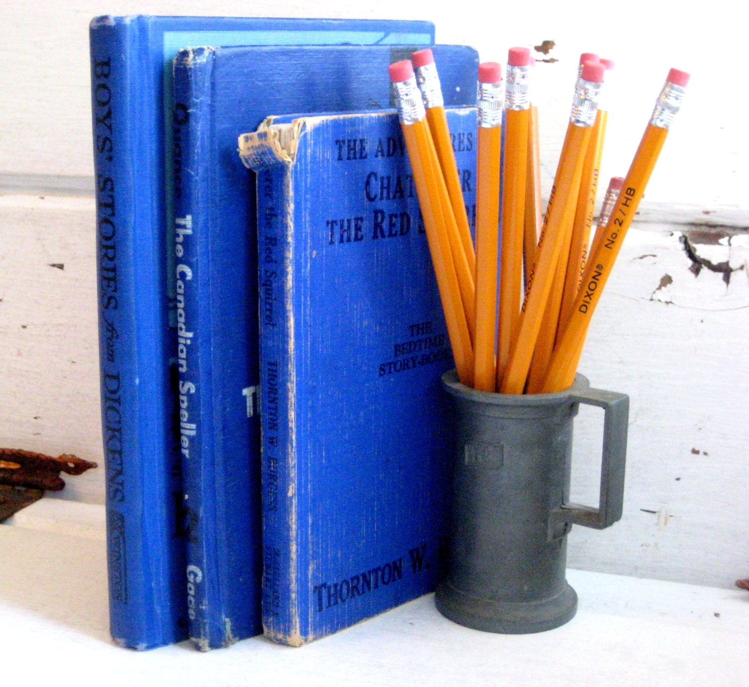 Vintage hardcover children's books, set of three Mykonos blue decor, Boys's books, Dickens, Burgess, Canadian Speller instant collection