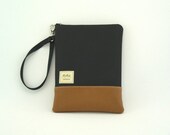 Padded iPad Mini Sleeve or E-Reader Case in Black Nylon Canvas and Faux Leather with Wrist Strap