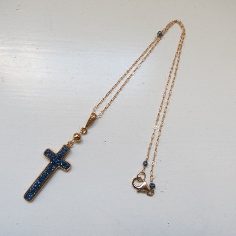 Sparkling Blue Druzy Cross and Blue Pyrite Gold Filled and Vermeil Necklace